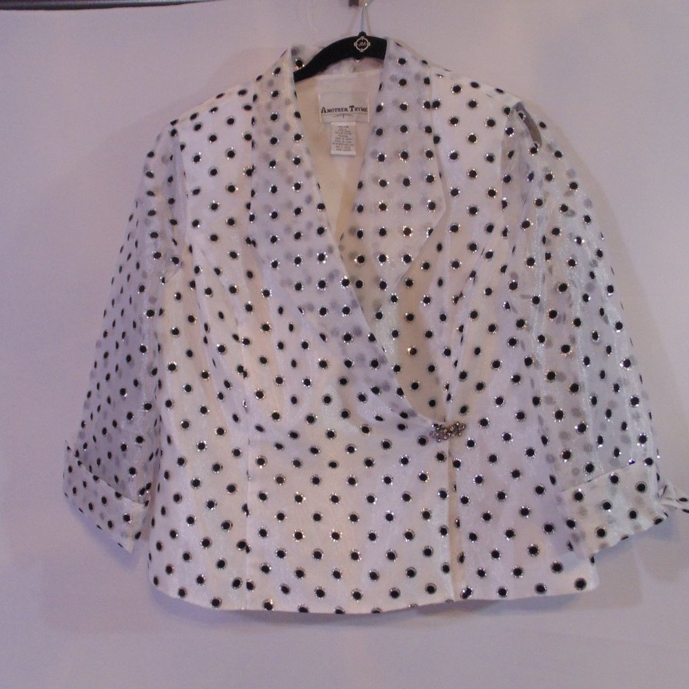 Another Thyme 16 White W/Black polka dots Accent 3/4 Sheer Sleeve  Jacket